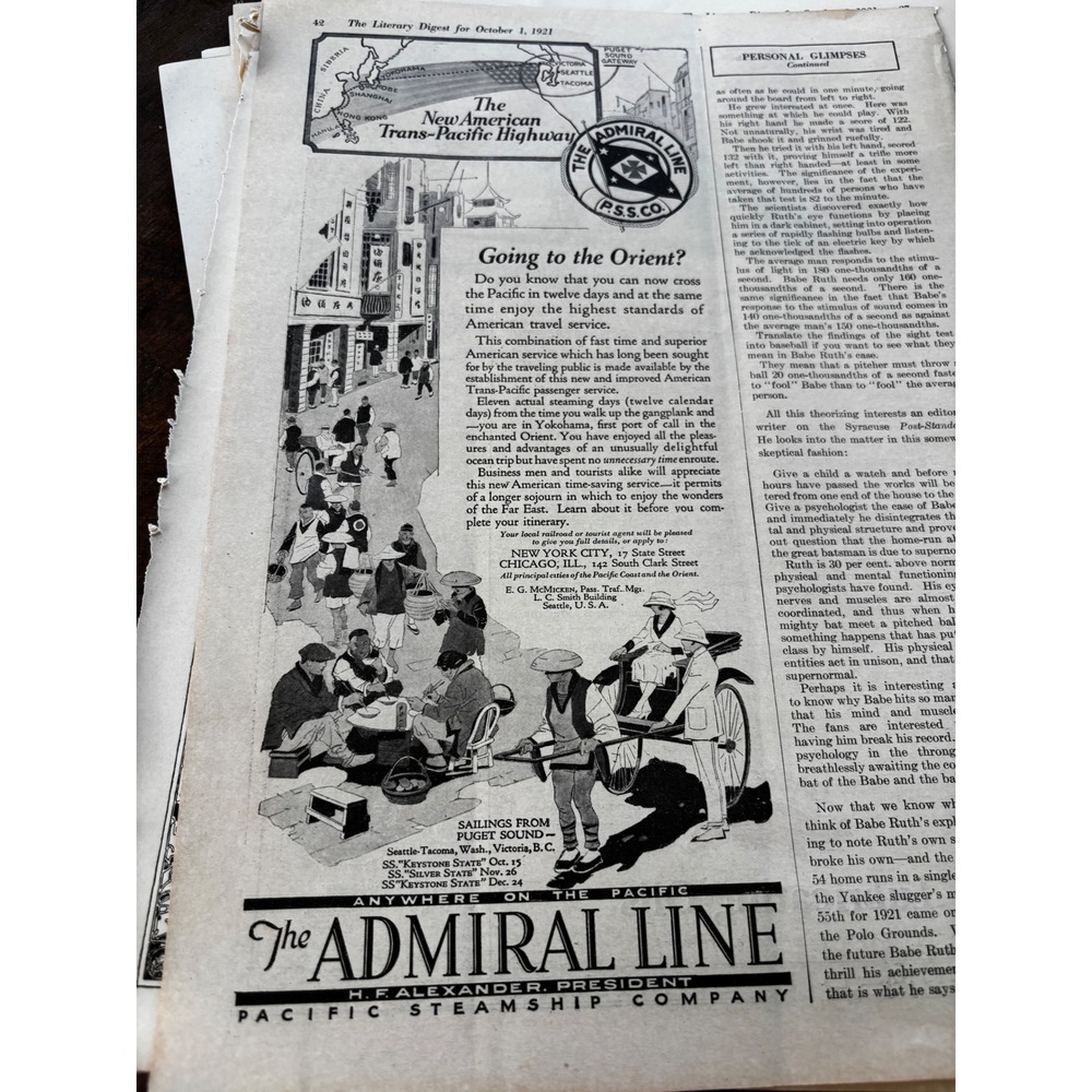1921 Admiral Line Steamship & Gargoyle Oil Print Ad Vintage Trans-Pacific Map BW